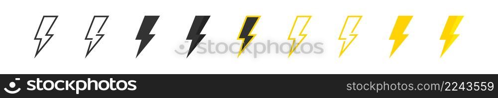 Lightning bolt. Electric thunder flash set icon. Vector flat illustration eps10