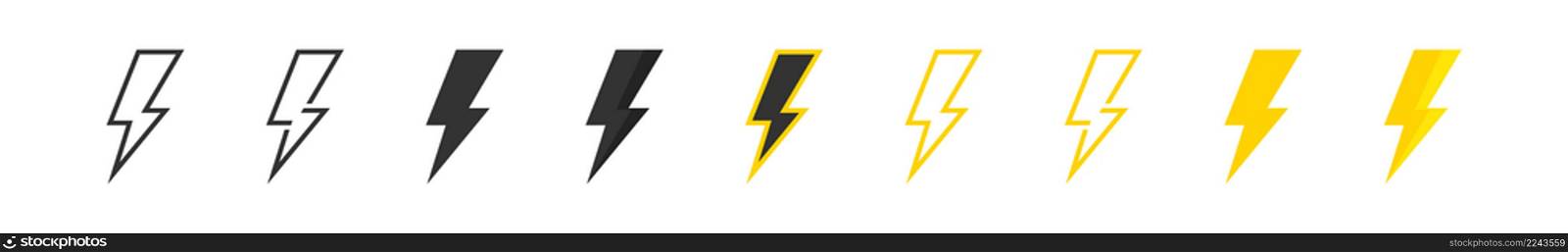 Lightning bolt. Electric thunder flash set icon. Vector flat illustration eps10