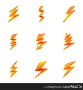 Lightning bolt icon set. Cartoon set of 9 lightning bolt vector icons for web design isolated on white background. Lightning bolt icon set, cartoon style