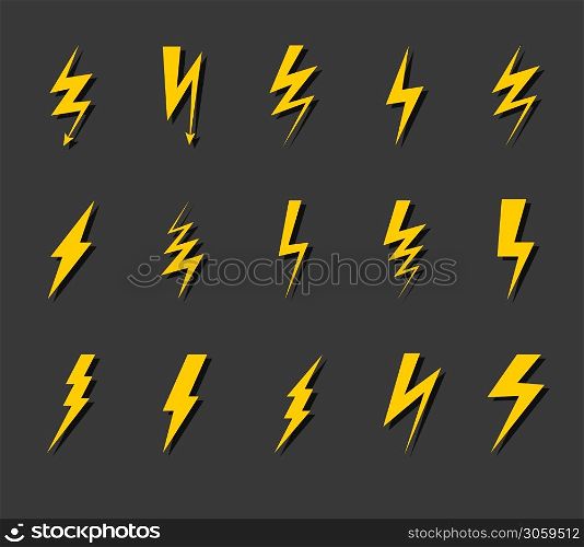 Lightning bolt icon set. Thunder flash, electric voltage electricity symbols, simple yellow zig zag silhouette with shadows, thunderbolt sign flat vector collection isolated on black background. Lightning bolt icon set. Thunder flash electric voltage electricity symbols, simple yellow zig zag silhouette with shadows, thunderbolt sign flat vector collection on black background