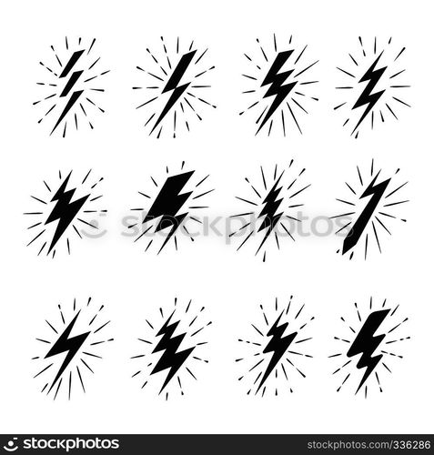 Lightning bolt icons in vintage style. Black flat images on white background. Vector illustration. Vintage lightning bolt icons