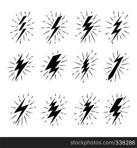 Lightning bolt icons in vintage style. Black flat images on white background. Vector illustration. Vintage lightning bolt icons