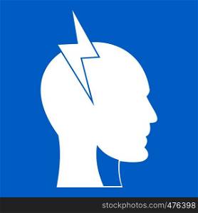 Lightning bolt inside head icon white isolated on blue background vector illustration. Lightning bolt inside head icon white