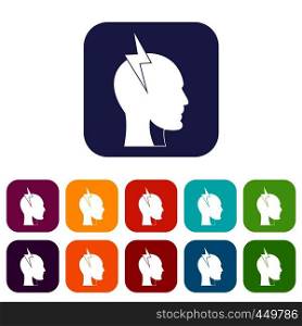 Lightning bolt inside head icons set vector illustration in flat style In colors red, blue, green and other. Lightning bolt inside head icons set flat