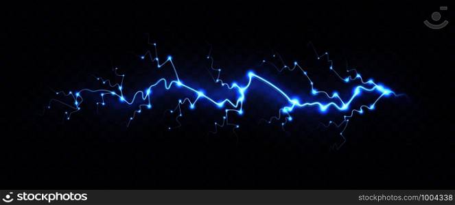 Lightning bolt isolated on transparent background. Realistic electric thunderbolt with glowing sparkles. Lighting flash effect vector illustration.. Realistic lightning bolt isolated on transparent background.