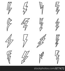 Lightning bolt power icons set. Outline set of lightning bolt power vector icons for web design isolated on white background. Lightning bolt power icons set, outline style