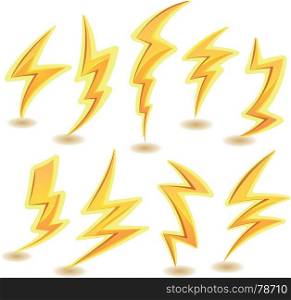 Lightning Bolts Set. Illustration of a set of funny cartoon lightning bolts icons, for thunderstorm and tempest in sky scenics, and game ui elements