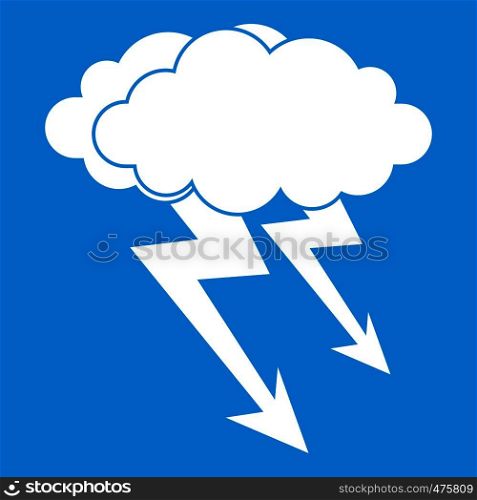Lightning cloud icon white isolated on blue background vector illustration. Lightning cloud icon white