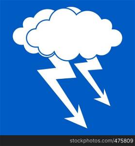 Lightning cloud icon white isolated on blue background vector illustration. Lightning cloud icon white