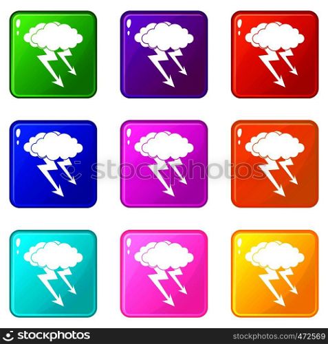 Lightning cloud icons of 9 color set isolated vector illustration. Lightning cloud icons 9 set