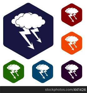 Lightning cloud icons set hexagon isolated vector illustration. Lightning cloud icons set hexagon