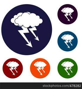 Lightning cloud icons set in flat circle red, blue and green color for web. Lightning cloud icons set