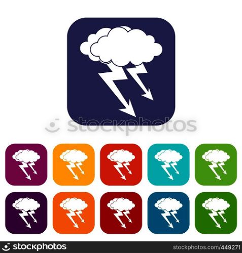 Lightning cloud icons set vector illustration in flat style In colors red, blue, green and other. Lightning cloud icons set flat