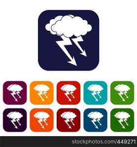 Lightning cloud icons set vector illustration in flat style In colors red, blue, green and other. Lightning cloud icons set flat