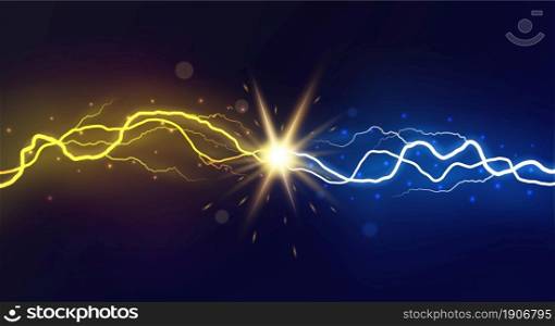Lightning collision. Powerful colored lightnings, electric forces thunderbolt clash electrical energy sparkling blast, vector versus bright design confrontation concept. Lightning collision vector