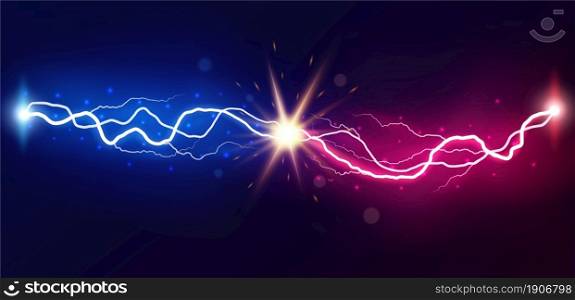 Lightning collision. Powerful colored lightnings, electric forces thunderbolt clash electrical energy sparkling blast, vector versus bright design confrontation concept. Lightning collision vector