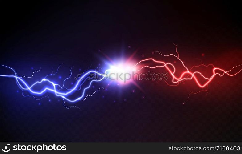 Lightning collision. Powerful colored lightnings, electric forces thunderbolt clash electrical energy sparkling blast, vector versus bright design confrontation concept. Lightning collision. Powerful colored lightnings, electric forces thunderbolt clash electrical energy sparkling blast, vector versus concept