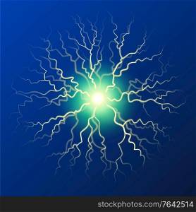 Lightning concentrated in one point. Thunderbolt effect isolated n blue. Shining bright bolt, abstract decoration. Powerful energy of thunder. Sparkling energetic flash. Vector in flat style. Abstract Thunderbolt Effect, Lightning Bolt Flare