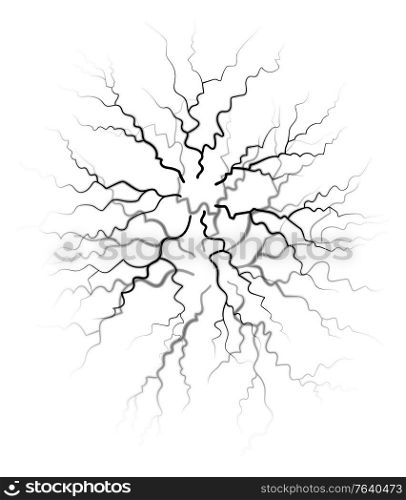 Lightning during thunderstorm, abstract picture. Naturally occurring electrostatic discharge. Black lines like fracture and fissure isolated on white background. Vector illustration in flat style. Lightning During Thunderstorm, Lines Like Fracture