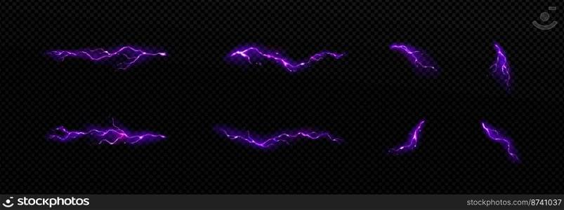 Lightning, electric purple thunderbolt strikes. Impact, crack, magical energy flash. Powerful electrical discharge, Realistic 3d vector bolts during night storm isolated set on transparent background. Lightning, electric purple thunderbolt strikes set