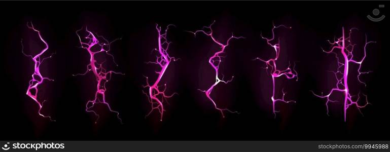 Lightning, electric thunderbolt strike during night storm, impact, crack, magical energy flash of pink color. Powerful electrical discharge isolated on black background, Realistic 3d vector bolts set. Lightning, electric strike during night storm set