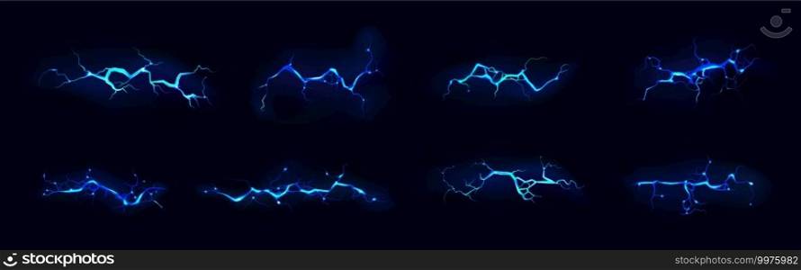 Lightning, electric thunderbolt strike of blue color during night storm, impact, crack, magical energy flash. Powerful electrical discharge, Realistic 3d vector bolts set isolated on black background. Lightning, electric strike during night storm set
