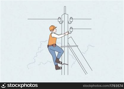 Lightning equipment and workers concept. Man Lineman worker climbing up telephone post, high voltage vector illustration . Lightning equipment and workers concept