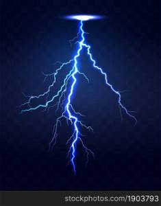 Lightning flash bolt. Blue lightning template. Thunderbolt isolated on dark background. electric light thunder spark. Blue lightning or magic power blast storm template. Lightning flash bolt.