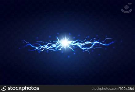 Lightning flash light thunder spark on transparent background. Lightning ball, electric strike impact. realistic sparking blue flash, electrical discharge of thunderstorm. Lightning flash light thunder spark