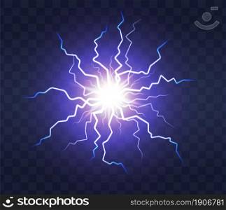 Lightning flash light thunder spark on transparent background. Lightning ball, electric strike impact. realistic sparking blue flash, electrical discharge of thunderstorm. Lightning flash light thunder spark