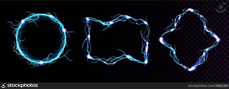 Lightning frames, electric blue thunderbolt borders, magic portals, energy strike. Powerful electrical discharge dazzle isolated on black and transparent background. Realistic 3d vector illustration. Lightning frames electric blue thunderbolt borders