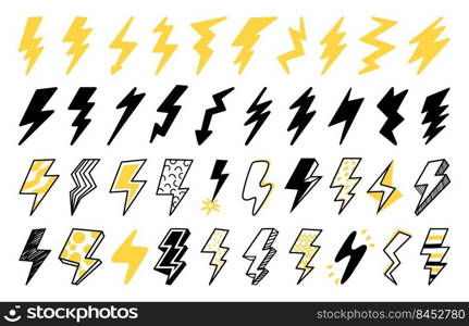 Lightning icon. Flash strike, electric power and electricity logo, nature thunderbolt yellow shape. Vector isolated clipart symbol of thunder light. Illustration of thunder strike electricity. Lightning icon. Flash strike, electric power and electricity logo, nature thunderbolt yellow shape. Vector isolated clipart symbol of thunder light
