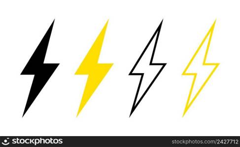 Lightning icon. Icon for electric charge. Symbol of power, energy, electricity and voltage. Black and yellow symbols for electric battery. Line icons isolated on white background. Vector.