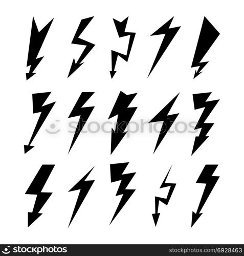 Lightning Icon Set. Electricity Thunder, Danger Symbol. Lightning Strike. Flash Black Icons Isolated On White. Storm Lightning Silhouettes. Vector Illustration.. Lightning Signs Vector Set. Lightning Bolt Icons. Thunder Bolt Symbols