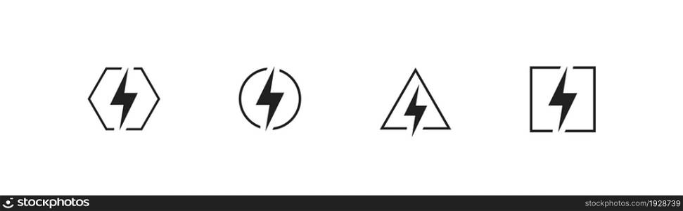 Lightning icon. Warning power sign. Electric bolt triangle symbol. Danger flash in vector flat style.