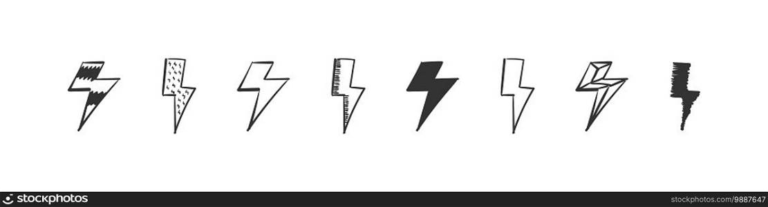 Lightning icons doodle. Energy icons concept. Hand Drawn icon lightning isolated on white background. Trendy design. Vector illustration