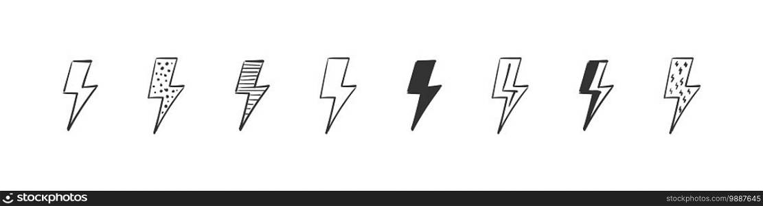 Lightning icons. Doodle lightning. Hand Drawn icon lightning isolated on white background. Trendy design. Vector illustration