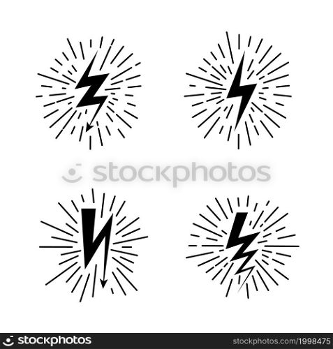 Lightning icons. Thunderbolt. Thunder flash light. Black zigzag silhouettes with arrows. Isolated recharge emblems. Thunderstorm sky illumination. Caution electricity signs. Vector weather symbols set. Lightning icons. Thunderbolt. Thunder flash light. Zigzag silhouettes with arrows. Isolated recharge emblems. Thunderstorm sky illumination. Electricity signs. Vector weather symbols set