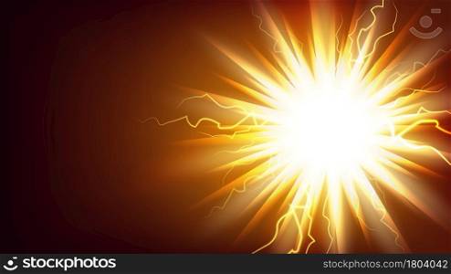 Lightning Light Explosion Banner Copy Space Vector. Abstract Electric Lightning Shock Advertising Poster. Electricity Glowing Shiny Sphere Marketing Template Style Color Illustration. Lightning Light Explosion Banner Copy Space Vector