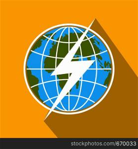 Lightning on earth icon. Flat illustration of lightning on earth vector icon for web. Lightning on earth icon, flat style.