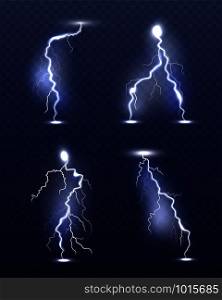Lightning realistic. Energy glow special weather storm effects power electricity strike vector 3d symbols. Thunder lightning flash, storm light illustration. Lightning realistic. Energy glow special weather storm effects power electricity strike vector 3d symbols