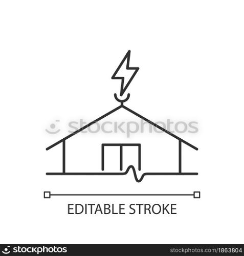 Lightning rod linear icon. Protecting buildings from lightning strike damage. Prevent fire risk. Thin line customizable illustration. Contour symbol. Vector isolated outline drawing. Editable stroke. Lightning rod linear icon
