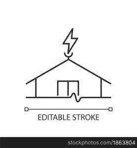 Lightning rod linear icon. Protecting buildings from lightning strike damage. Prevent fire risk. Thin line customizable illustration. Contour symbol. Vector isolated outline drawing. Editable stroke. Lightning rod linear icon