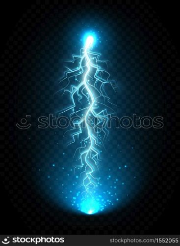 Lightning strike isolated on transparent background. Realistic electric thunderbolt with glowing sparkles. Lightning flash effect, electric discharge vector illustration.. Lightning strike isolated on transparent background. Realistic electric thunderbolt with glowing sparkles.