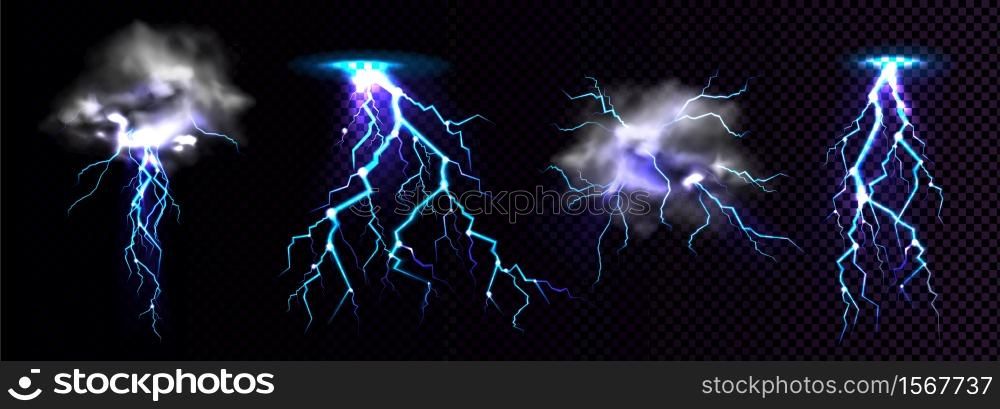 Lightning strikes and thundercloud, impact place or magical powerful energy flash in blue color. Thunderbolt electrical discharge, realistic 3d vector set isolated on black and transparent background. Lightning strikes and thundercloud, impact place