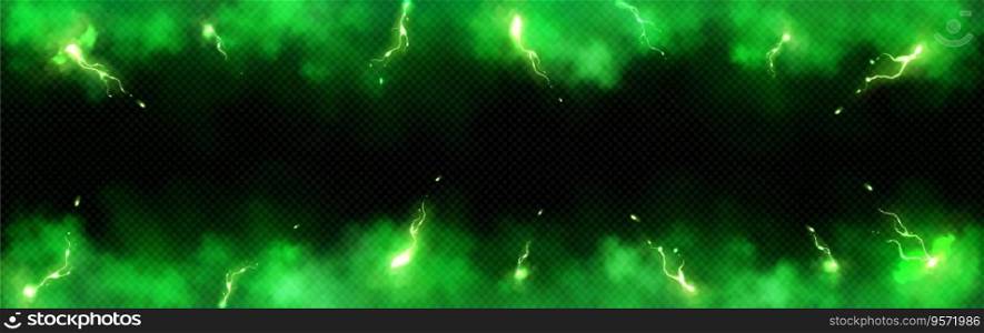 Lightning strikes in green smoke on transparent background. Vector realistic illustration of abstract cloud of toxic gas, neon electric energy discharges, glowing poisonous air, banner frame design. Lightning strikes in green smoke