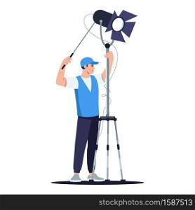 Lightning technician semi flat RGB color vector illustration. Man holding light. Film shooting environment. Famous movie filming crew member isolated cartoon character on white background. Lightning technician semi flat RGB color vector illustration