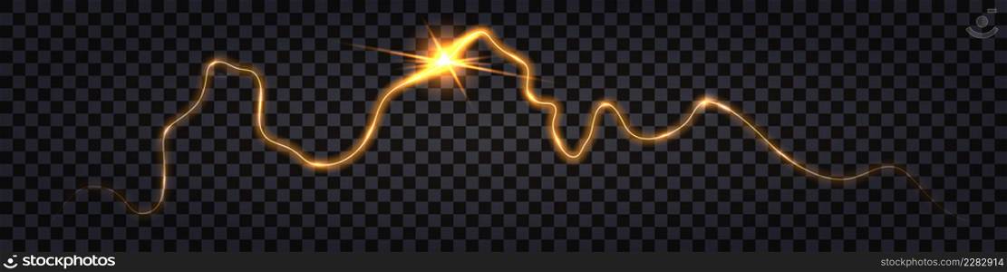 Lightning thunder bolt, electric discharge shock effect. Yellow glowing crack, flash light explosion. Luminous electricity strike collision. Vector illustration, isolated on transparent background