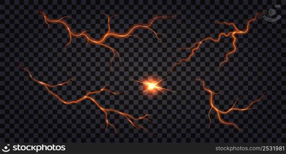 Lightning thunder bolt, glowing light effect. Earthquake ground cracks, molten lava fire lines; hot magma breaks and swirls. Volcano lines isolated on dark background. Vector illustration
