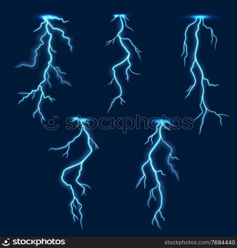 Lightning thunder bolt, thunderstorm electric flash effect on vector background. Thunderbolt light and storm sparks, realistic energy lighting in blue sky, voltage power charge and electricity strike. Lightning thunderbolt or thunderstorm flash light